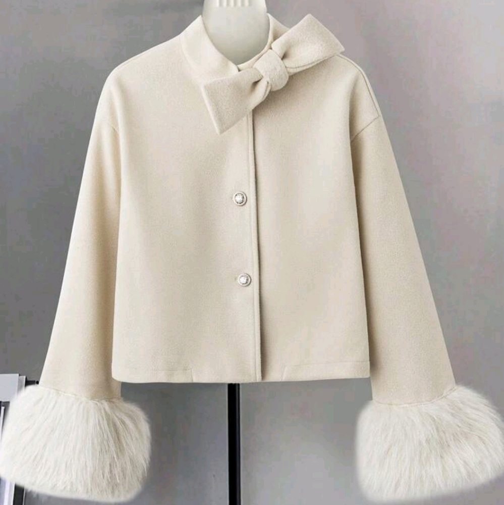 Women Elegant Solid Color Overcoat With Fur Cuff & Bow Decor, Autumn/Winter - Picture 3 of 6